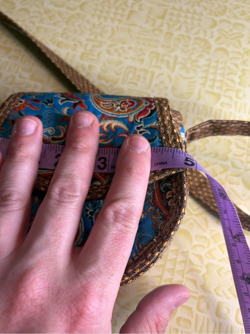 Handcrafted Blue Paisley Crossbody Bag with Brown Trim - Picture 9 of 9